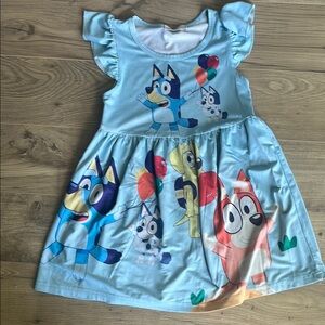 Blue Casual Sundress with Flutter Sleeves and Cartoon Print